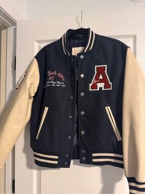 Aeropostale Navy and Cream Varsity Jacket with Red 'A' Patch